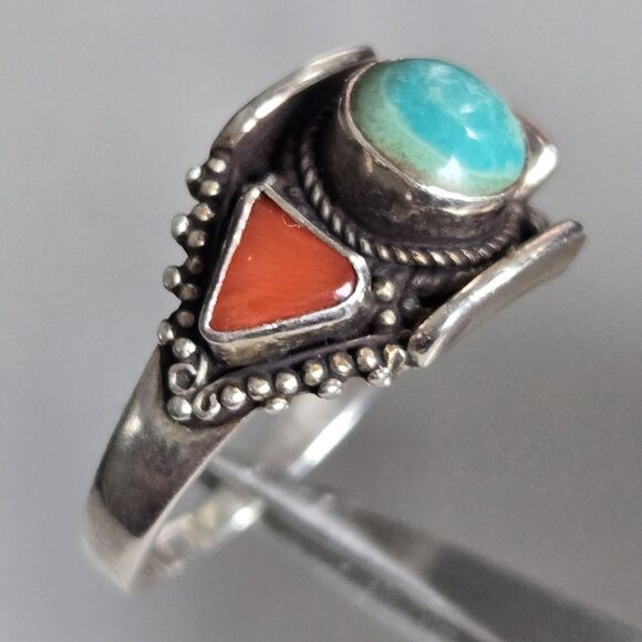 Mens Turquoise Coral 925 Sterling Ring Vintage Tibetan Boho Statement Sz 10.5 - Picture 5 of 12